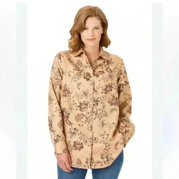 Woman Within Plus Size 2X (26-28) Faux Suede Moleskin Button Shirt Top Brown Tan - Picture 1 of 12